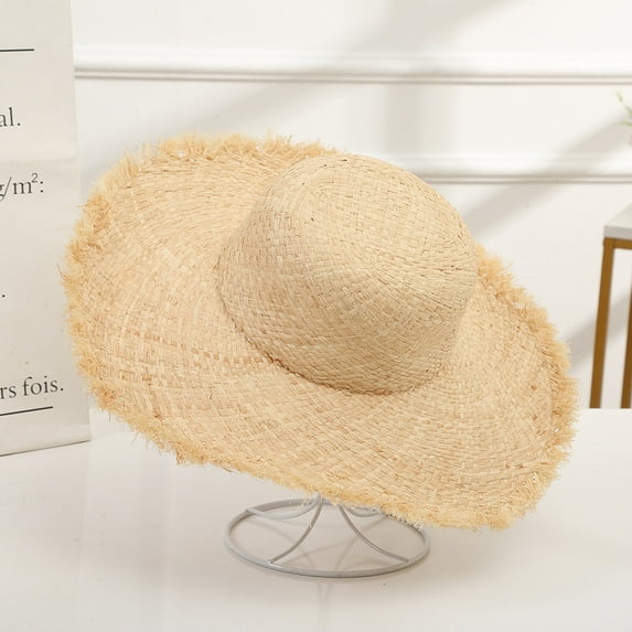 Women's outdoor sun hat beach vacation hand-woven straw hat raffia seaside sun hat beige 1 piece