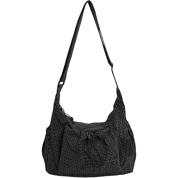 Korean Style Plaid Casual Shoulder Bag Lightweight Quilted Cotton Crossbody Bag with Adjustable Strap, Trendy Checkered(Q)
