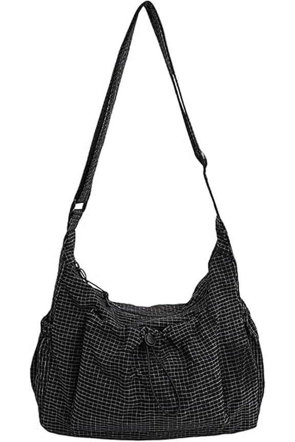 Korean Style Plaid Casual Shoulder Bag Lightweight Quilted Cotton Crossbody Bag with Adjustable Strap, Trendy Checkered(Q)