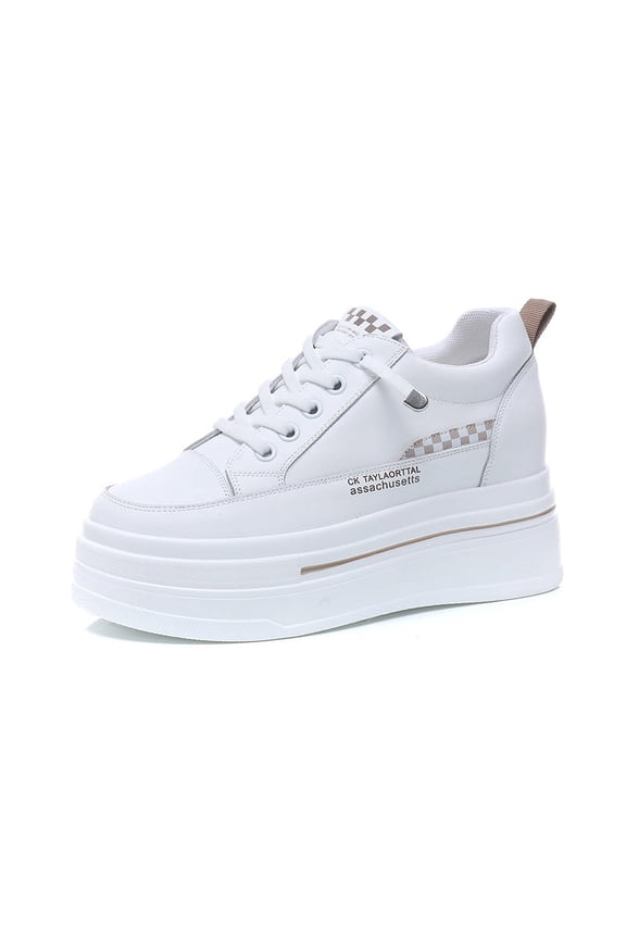 Women's platform shoes 7cm Thick sole height increase Cowhide Lace-up Non-slip Sneakers female White Casual shoes Suitable for all seasons