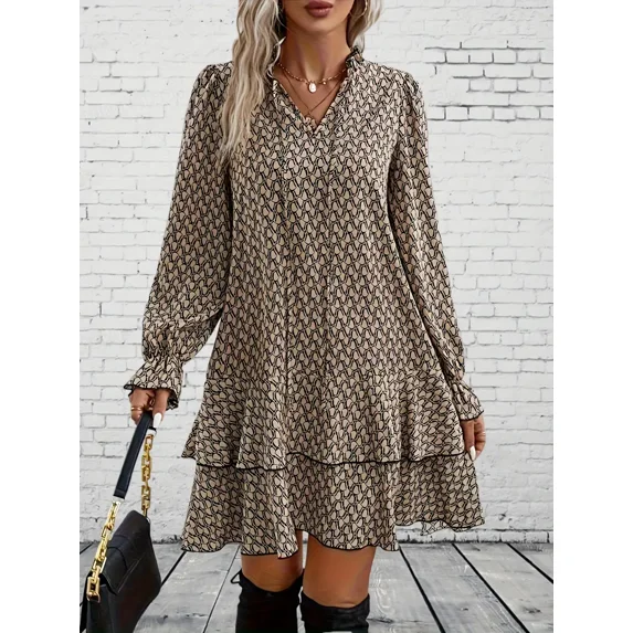 Women's plus-size khaki print elegant bow tie tiered ruffled hem long-sleeved Maxi dress