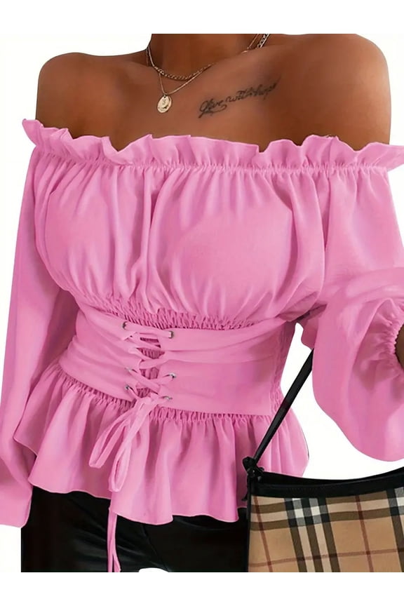 Women's plus-size solid color lace waistband ruffled off-the-shoulder lantern sleeve shirt pink top