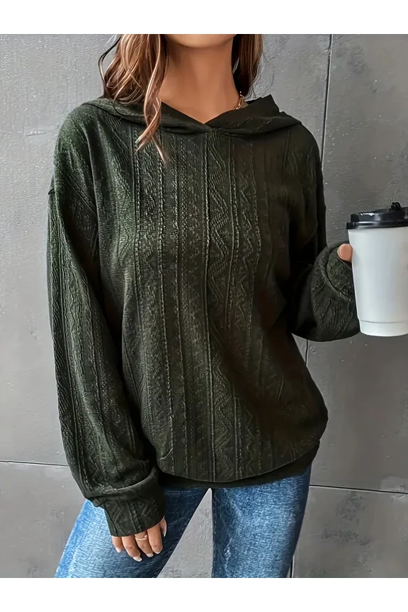 Women's plus-size solid textured long-sleeved off-the-shoulder casual sports hoodie