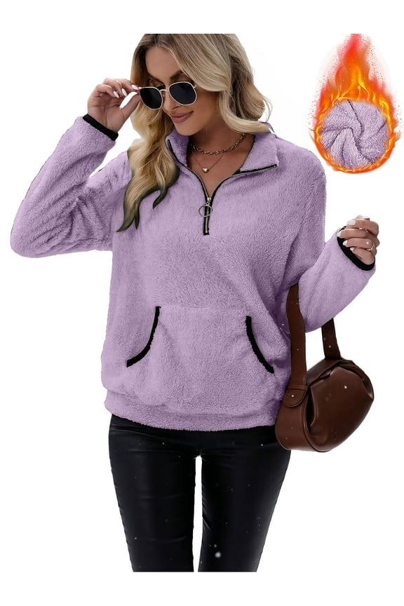Women's plush sweatshirt long sleeve half zip pullover Top Winter Fleece hoodie S-2XL
