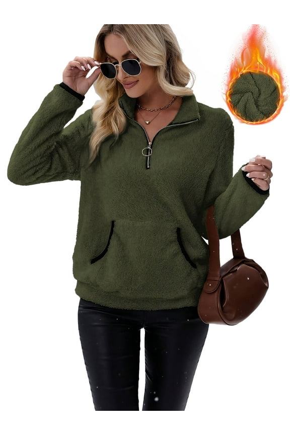 Women's plush sweatshirt long sleeve half zip pullover Top Winter Fleece hoodie S-2XL