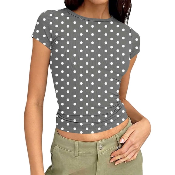Women’s polka Dot tees Slim Groove Strip Short Sleeve Tops Summer Round Neck Pullover T-Shirt