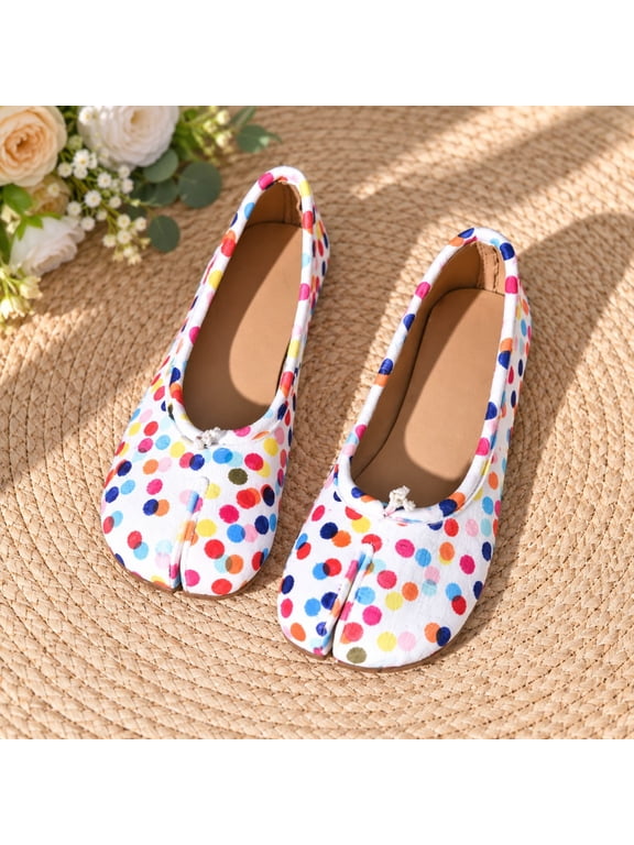 Women's polka dot split-toe ballet flats, microfiber PU and elastic soles, vintage polka dot upper