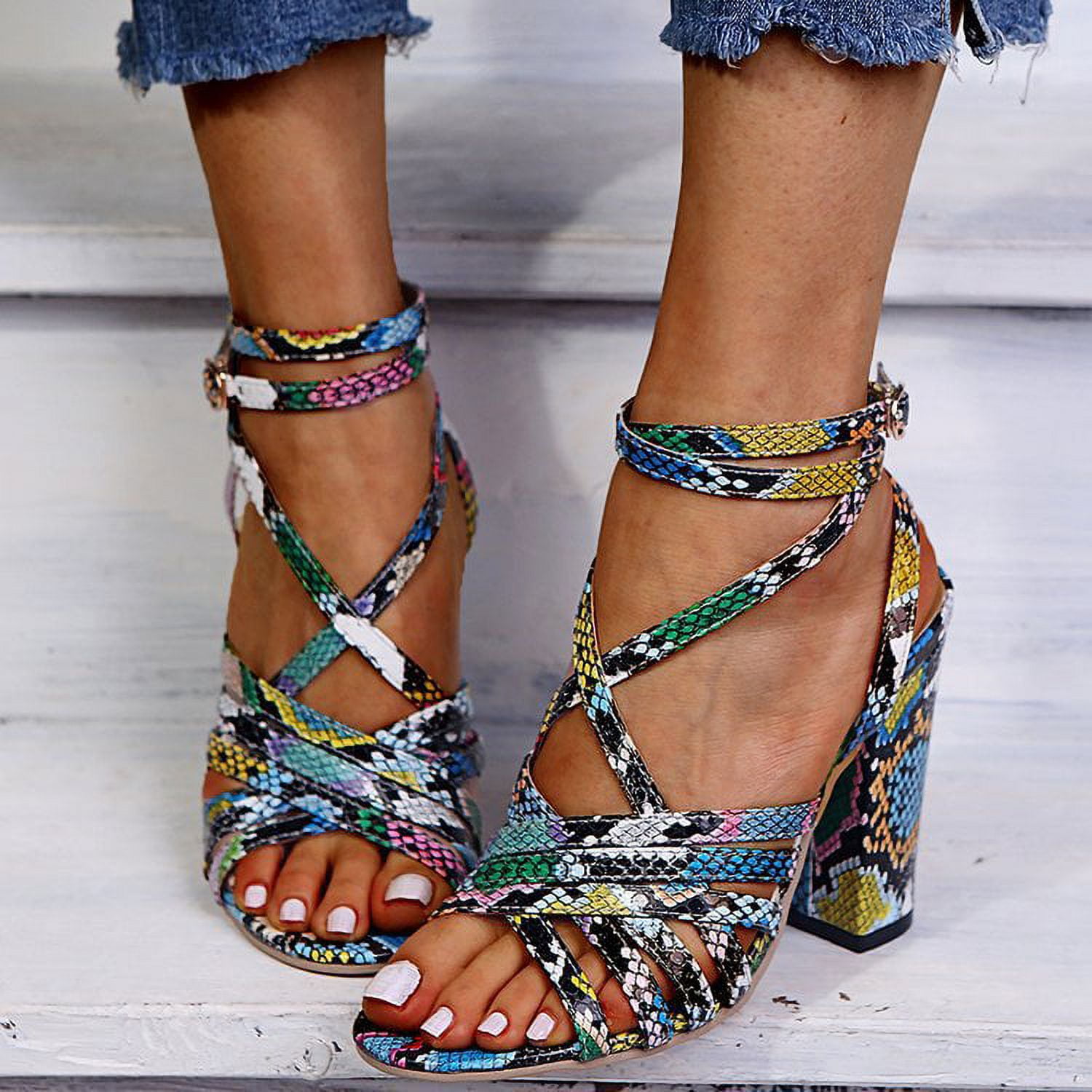 Strappy Sandals Multi Coloured High Heel Sandals Chunky Heels With