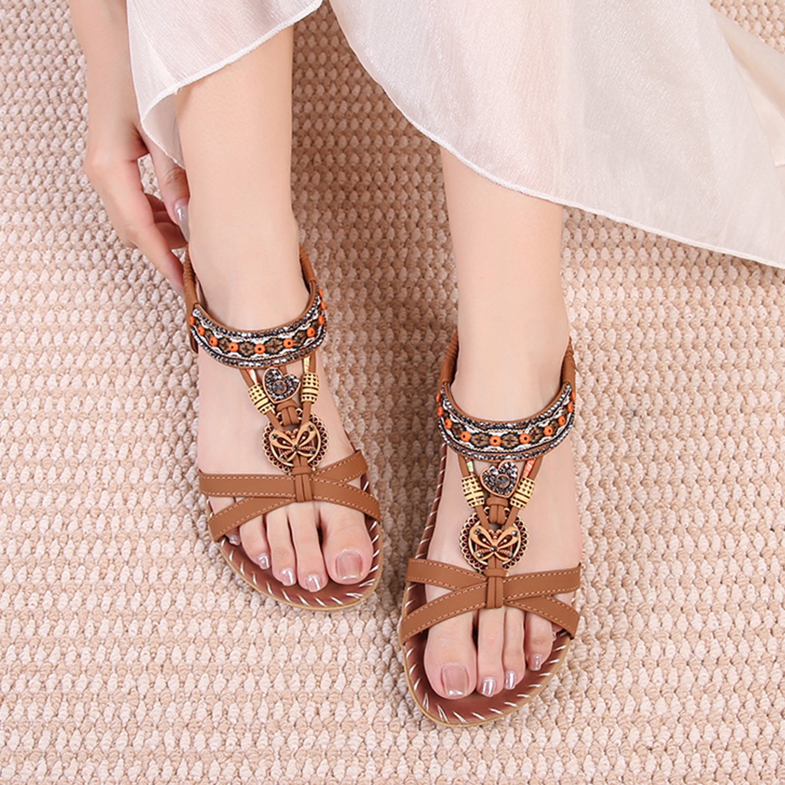 Women's sandals bohemian stylish flat design sandals women lightweight breathable and non-slip womens sandals perfect for summer beach walking vacation travel and daily casual outdoor wear,Brown 37
