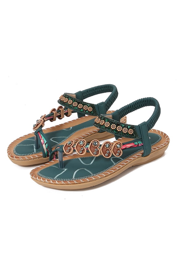 Women's sandals fashionable bohemian flower decoration sandals women lightweight flexible flat soles womens sandals suitable for summer walking tours vacation sightseeing,Green 43