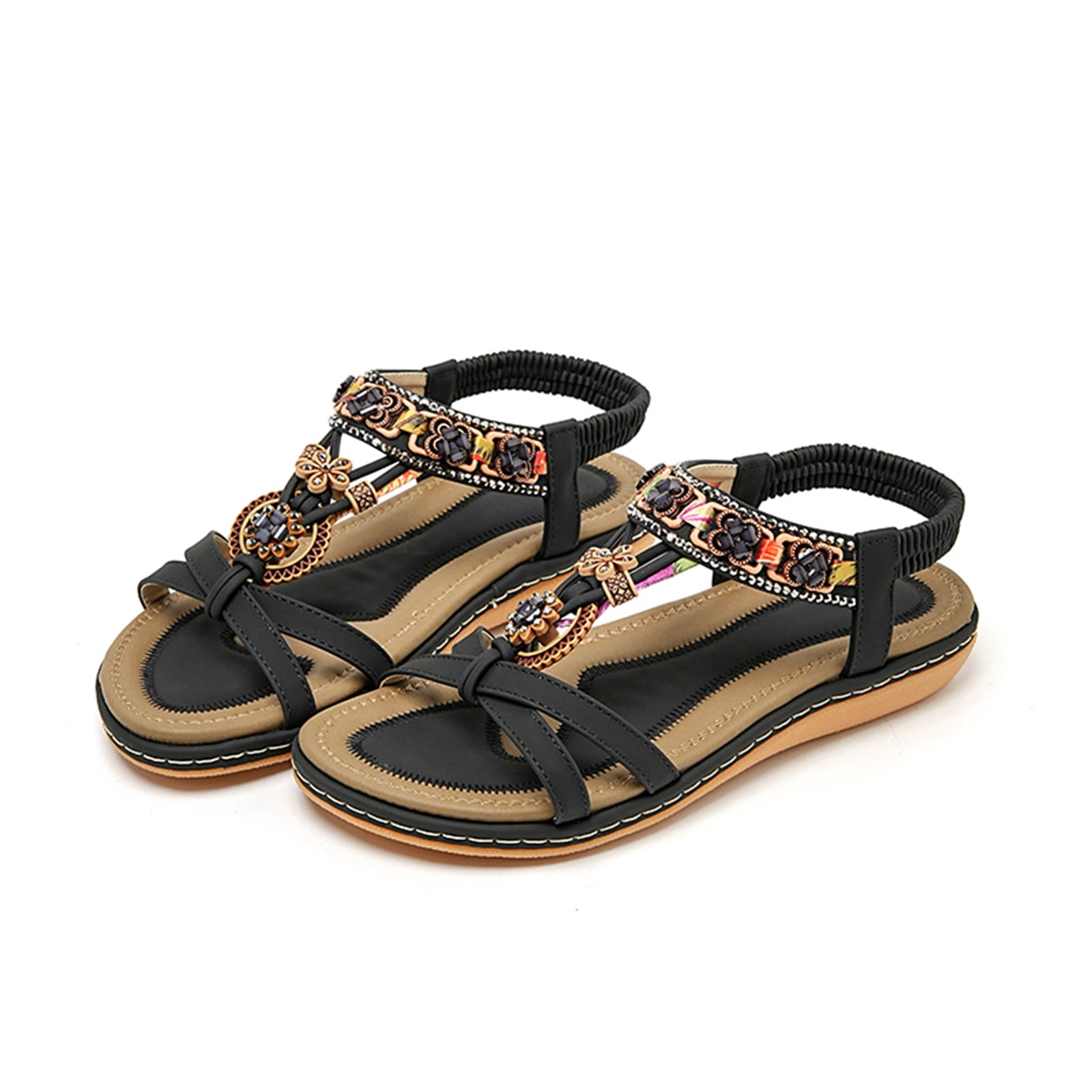 Women's sandals open toe bohemian flat style with enhanced arch support non-slip traction lasting comfortable wear sandals women designed for summer beach vacations excursions leisure,Black 35