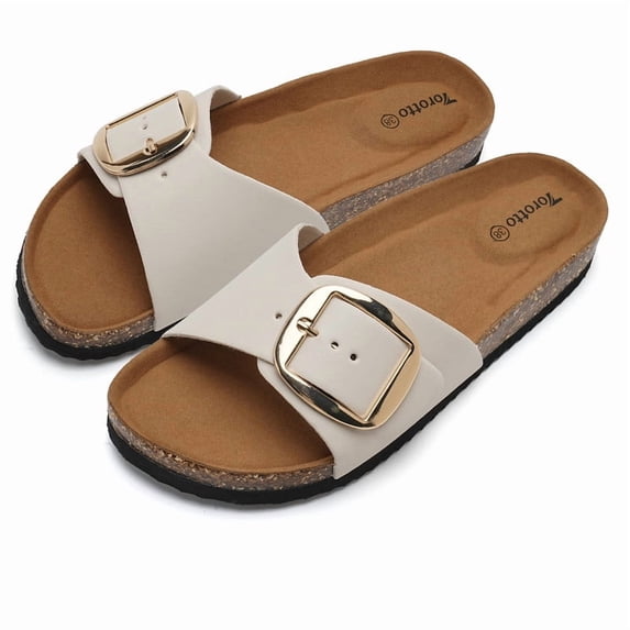 Minglewis Women Cork Slide Sandals, Adjustable Buckle Arch Support Cork Footbed Slip On Slides, Non Slip Casual Summer Indoor Outdoor Beach Walking Slippers