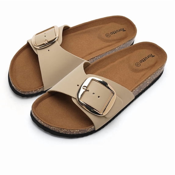 Minglewis Women Cork Slide Sandals, Adjustable Buckle Arch Support Cork Footbed Slip On Slides, Non Slip Casual Summer Indoor Outdoor Beach Walking Slippers