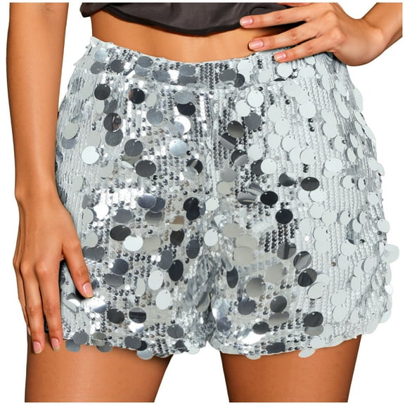 Women's sequin shorts, women's high waisted straight tube sequin hot pants, party sexy shorts with lining
