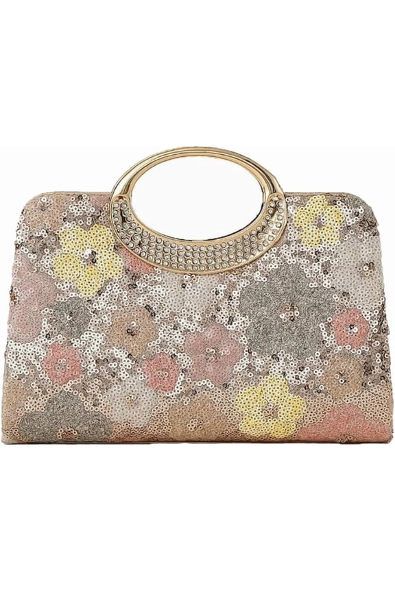 Women's sequined clutch, elegant floral-print evening bag, rhinestone-embellished handle, party and dance tote bag