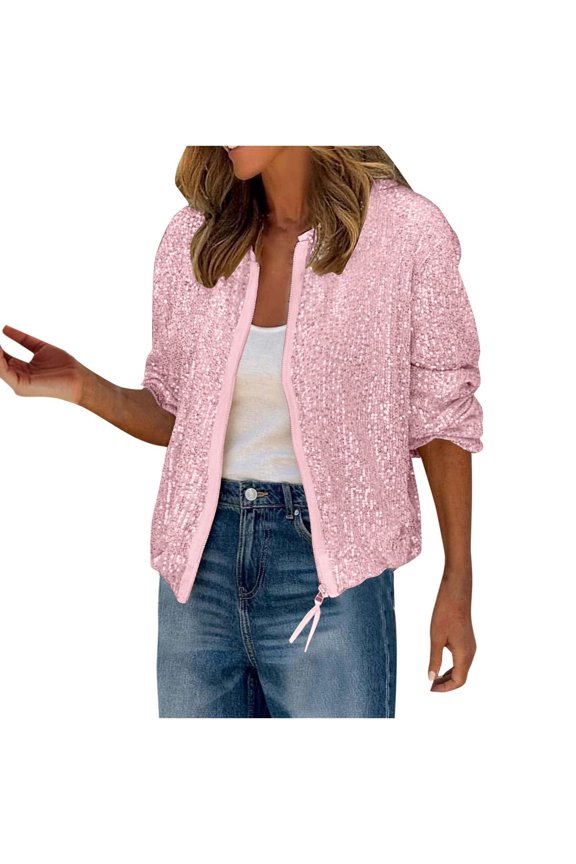 Women's sequined zipper jacket glitter evening cardigan casual dress coat disco costume