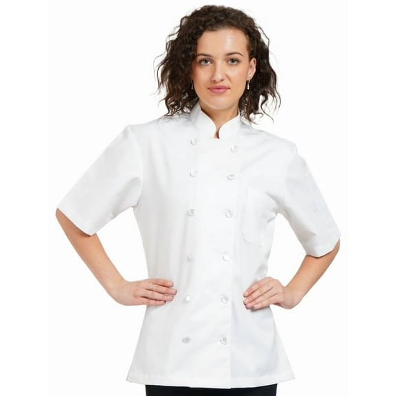 Women's short Sleeve New Design Chef Coat Jacket Black & White Uniform for Food Service, Caterers and Culinary Professional.