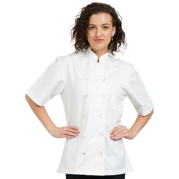 Women's short Sleeve New Design Chef Coat Jacket Black & White Uniform for Food Service, Caterers and Culinary Professional.