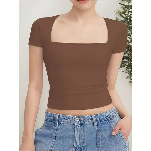 Women's short Sleeve Short Sleeve Tops Square Neck T Shirts Fitted Basic Tee