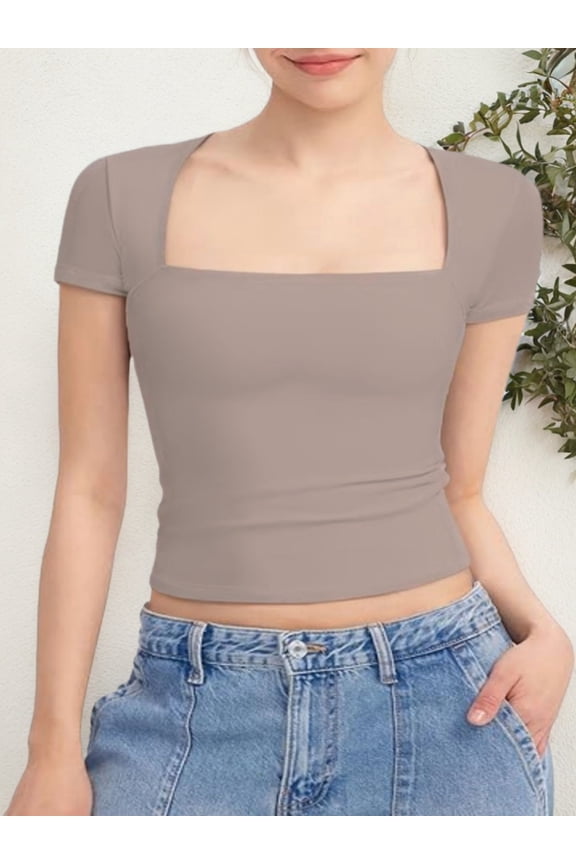 Women's short Sleeve Short Sleeve Tops Square Neck T Shirts Fitted Basic Tee