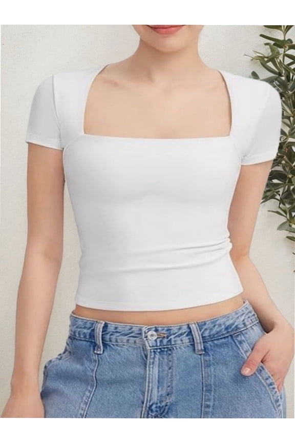 Women's short Sleeve Short Sleeve Tops Square Neck T Shirts Fitted Basic Tee