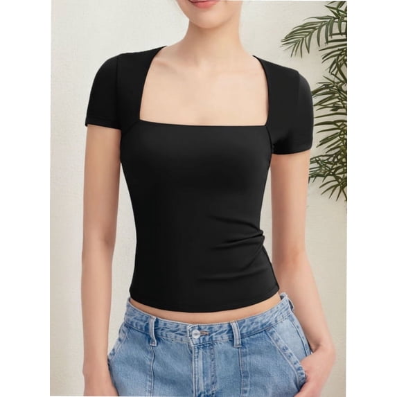 Women's short Sleeve Short Sleeve Tops Square Neck T Shirts Fitted Basic Tee