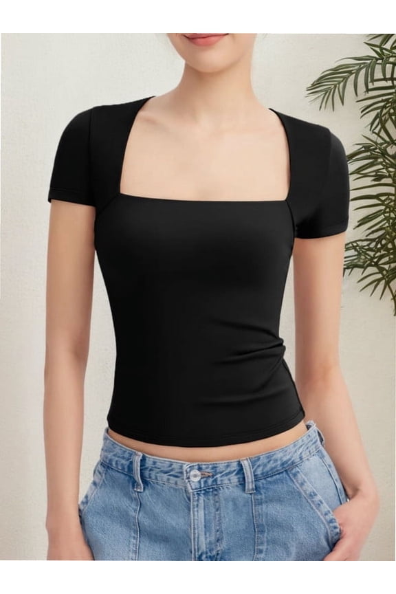 Women's short Sleeve Short Sleeve Tops Square Neck T Shirts Fitted Basic Tee