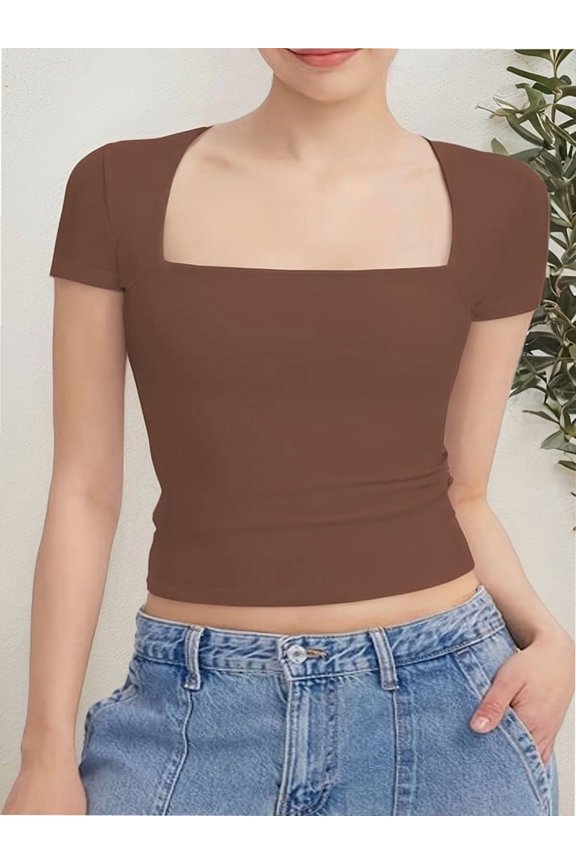 Women's short Sleeve Short Sleeve Tops Square Neck T Shirts Fitted Basic Tee