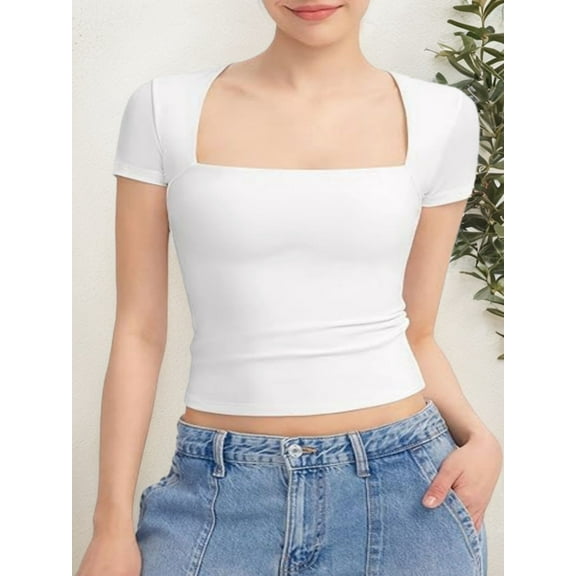 Women's short Sleeve Short Sleeve Tops Square Neck T Shirts Fitted Basic Tee