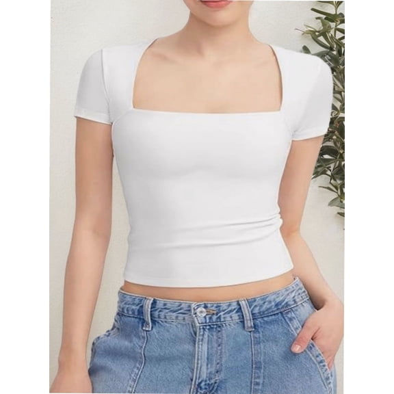 Women's short Sleeve Short Sleeve Tops Square Neck T Shirts Fitted Basic Tee
