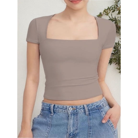 Women's short Sleeve Short Sleeve Tops Square Neck T Shirts Fitted Basic Tee