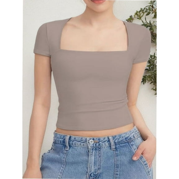 Women's short Sleeve Short Sleeve Tops Square Neck T Shirts Fitted Basic Tee