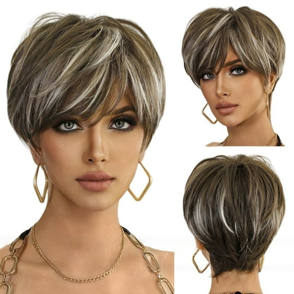 Women's short blonde wig with high gloss layered elf cut wig strap, bangs, real hair, short blonde wig strap, bangs, braided wig cap