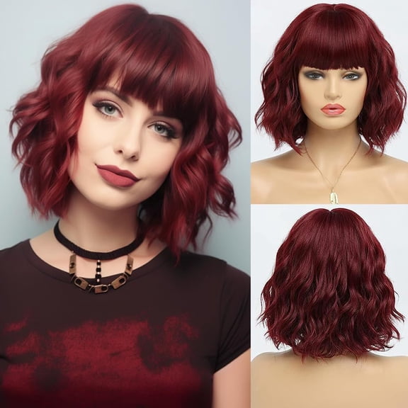 Women's short curly hair with bangs Wine Red color wavy style