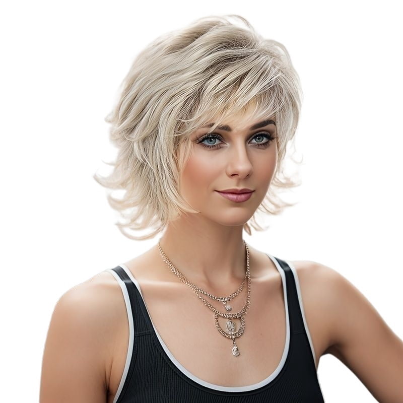 Women's short hair wig with outward curls, mixed brown to gold gradient blonde, natural, suitable for daily life and parties