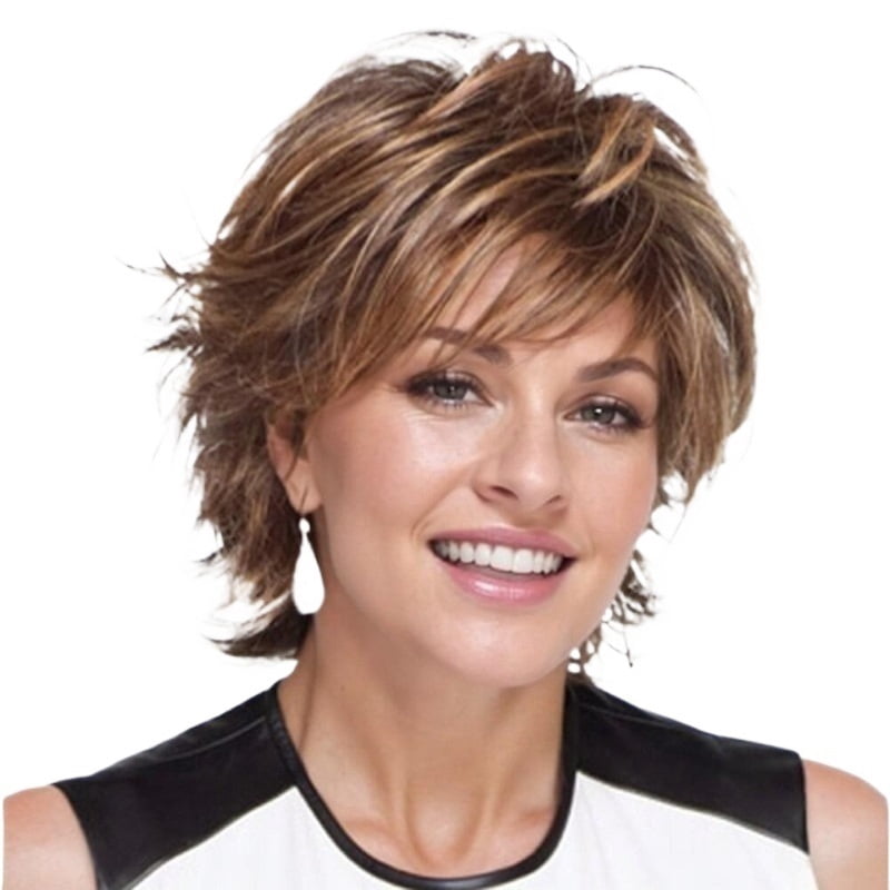 Women's short hair wig with outward curls, mixed brown to gold gradient blonde, natural, suitable for daily life and parties