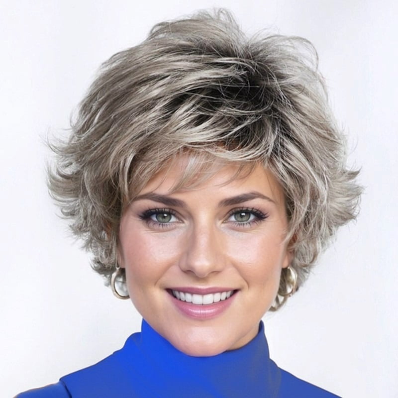 Women's short hair wig with outward curls, mixed brown to gold gradient blonde, natural, suitable for daily life and parties
