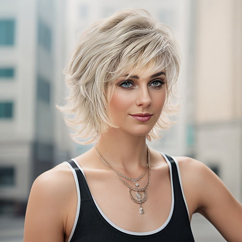 Women's short hair wig with outward curls, mixed brown to gold gradient gold, fashionable and natural, suitable for daily life and parties