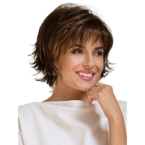 Women's short straight hair wig, fluffy short bangs, dark brown highlights, blonde outer curls, short curly hair