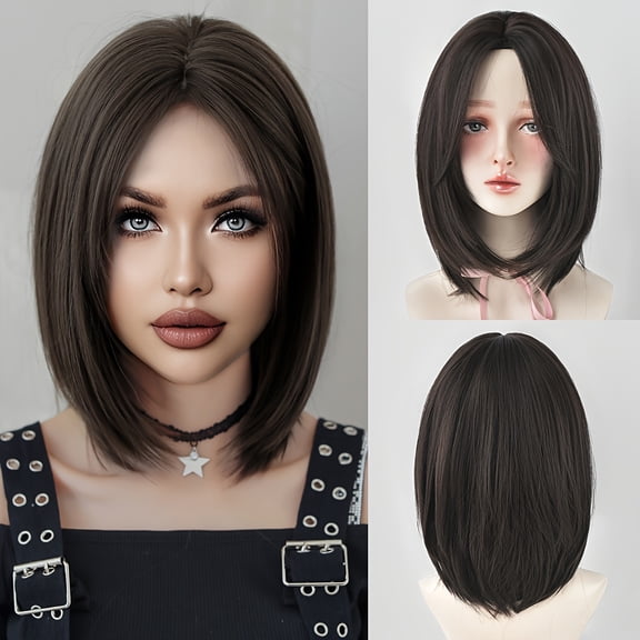 Women's shoulder-length straight black/brown synthetic wig - high density 150%, heat resistant, rosette cap, center part, 13.77 inches, suitable for everyday wear and parties, suitable for all races,