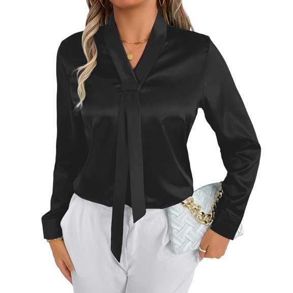 Women's silk long-sleeved casual top with bow tie and buttons