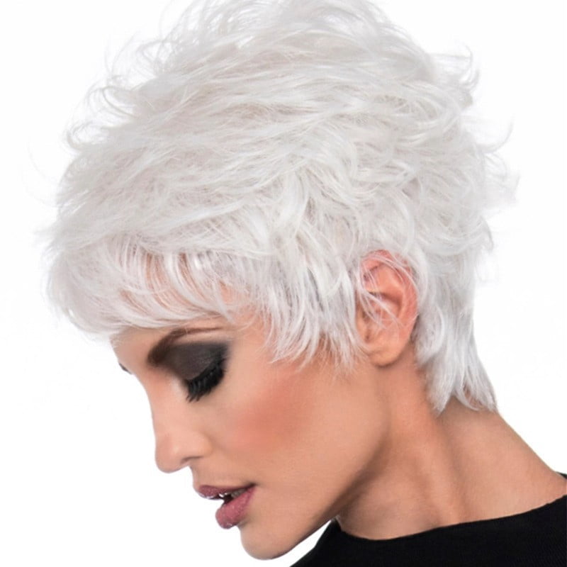 Women's silver-white short hair wig - oblique bangs reversed design, fashionable and natural