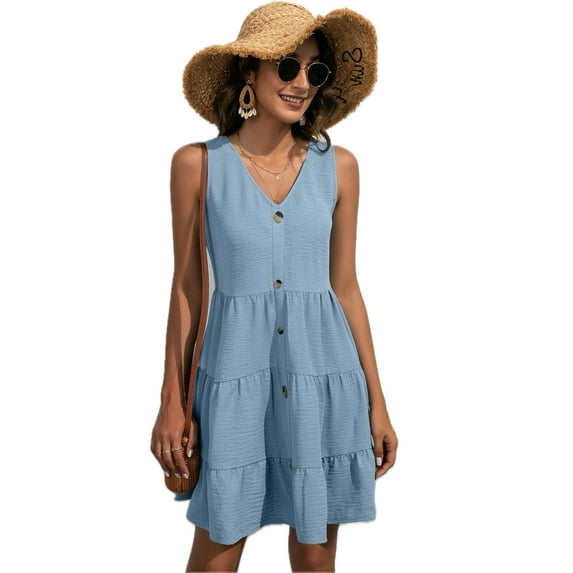 Women's sleeveless tiered V neck dress with button front solid pattern 100% Polyester fabric mini length easy care
