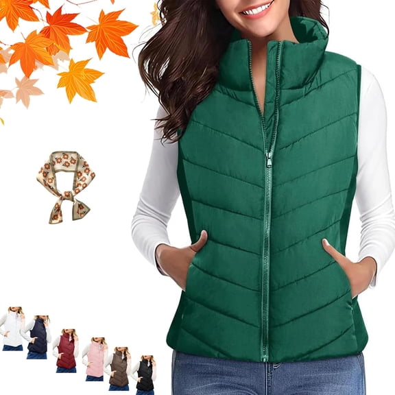 Women's sleeveless zip-up down vest jacket, comfortable and lightweight stand-up collar quilted vest jacket.