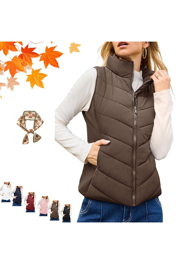 Women's sleeveless zip-up down vest jacket, comfortable and lightweight stand-up collar quilted vest jacket.