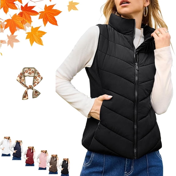 Women's sleeveless zip-up down vest jacket, comfortable and lightweight stand-up collar quilted vest jacket.