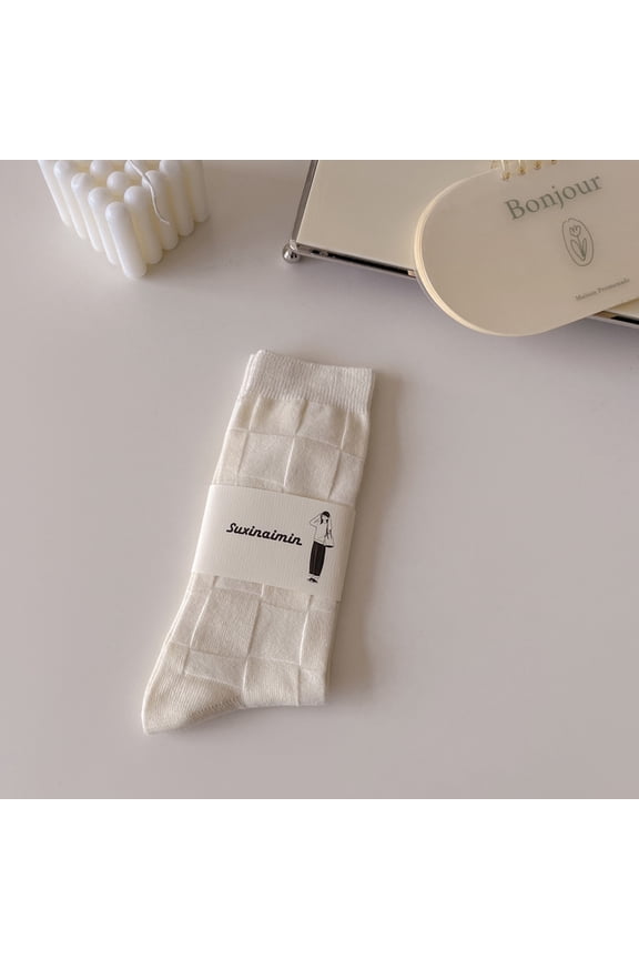 Women's socks autumn and winter sweat-absorbent cream color ins versatile vertical striped pile socks trendy style mid-calf length socks-grid