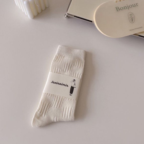 Women's socks autumn and winter sweat-absorbent cream color ins versatile vertical striped pile socks trendy style mid-calf length socks-line