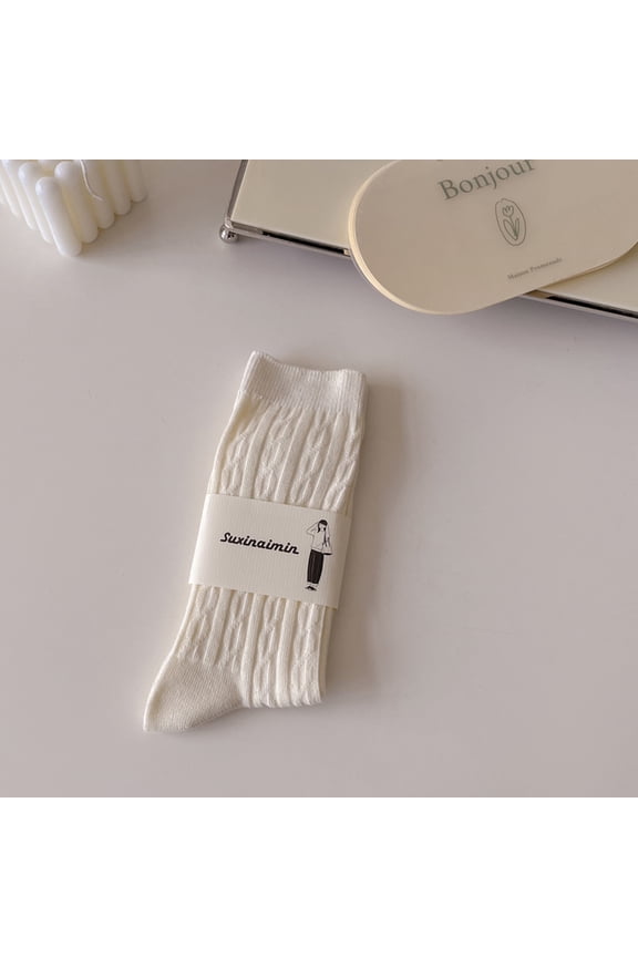 Women's socks autumn and winter sweat-absorbent cream color ins versatile vertical striped pile socks trendy style mid-calf length socks-twist