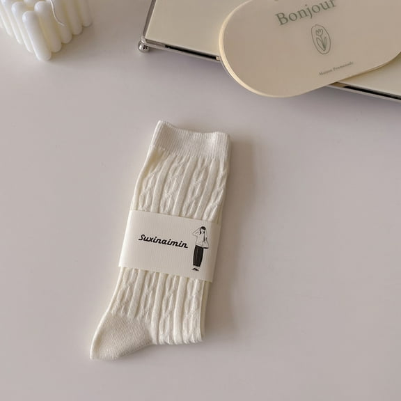 Women's socks autumn and winter sweat-absorbent cream color ins versatile vertical striped pile socks trendy style mid-calf length socks-twist